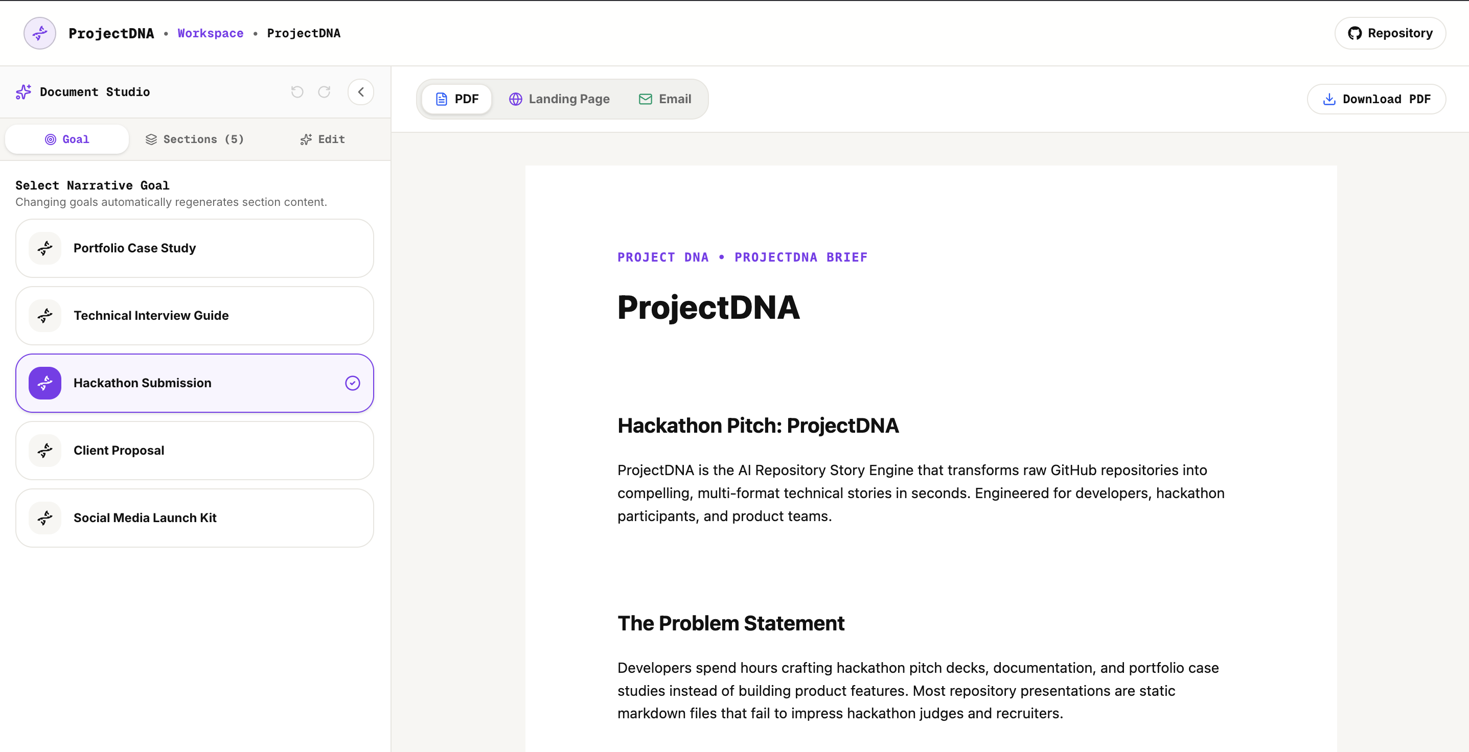 Project DNA Dashboard Workspace Preview